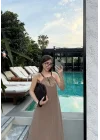 Boncuk Askılı Keten Vizon Uzun Elbise