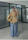 Boyun Kemerli Dik Yaka Camel Ceket