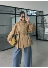 Boyun Kemerli Dik Yaka Camel Ceket