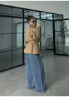 Boyun Kemerli Dik Yaka Camel Ceket