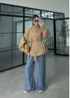 Boyun Kemerli Dik Yaka Camel Ceket
