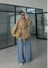 Boyun Kemerli Dik Yaka Camel Ceket