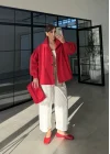 Büzgü Detaylı Kırmızı Oversize Bamber Ceket