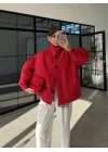 Büzgü Detaylı Kırmızı Oversize Bamber Ceket