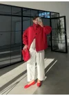 Büzgü Detaylı Kırmızı Oversize Bamber Ceket