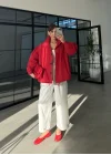 Büzgü Detaylı Kırmızı Oversize Bamber Ceket