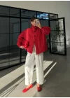Büzgü Detaylı Kırmızı Oversize Bamber Ceket