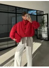 Büzgü Detaylı Kırmızı Oversize Bamber Ceket