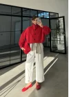 Büzgü Detaylı Kırmızı Oversize Bamber Ceket