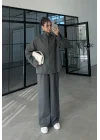 Çift Fermuarlı Dik Yaka Antrasit Ceket Takım