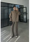 Çift Fermuarlı Dik Yaka Haki Ceket Takım
