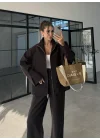 Çift Fermuarlı Dik Yaka Kahve Ceket Takım