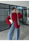 Çift Fermuarlı Kırmızı Tok Triko Hırka