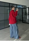 Çift Fermuarlı Kırmızı Tok Triko Hırka
