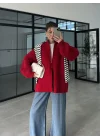 Çift Fermuarlı Kırmızı Tok Triko Hırka