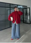 Çift Fermuarlı Kırmızı Tok Triko Hırka