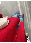 Çift Fermuarlı Kırmızı Tok Triko Hırka