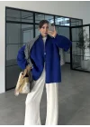 Çift Fermuarlı Saks Mavi Tok Triko Hırka