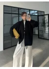 Çift Fermuarlı Siyah Tok Triko Hırka