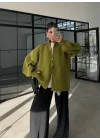 Çift Fermuarlı Yağ Yeşili Tok Triko Hırka