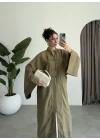 Çin Düğmeli Tensel Maxi Boy Haki Kimono