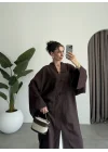 Çin Düğmeli Tensel Maxi Boy Kahve Kimono