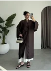 Çin Düğmeli Tensel Maxi Boy Kahve Kimono
