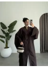 Çin Düğmeli Tensel Maxi Boy Kahve Kimono