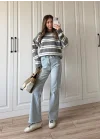 Çizgili Oversize Gri Yün Kazak