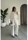 Crop Düğme Detaylı Taş Keten Takım