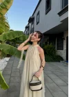 Dantel Yaka Taş Uzun Elbise
