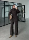Dik Yaka Kuşaklı Kahve Denim Takım