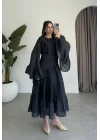 Diva Şallı Büzgülü Lacivert Elbise