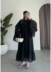 Diva Şallı Büzgülü Siyah Elbise
