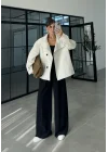 Ekose Astarlı Dik Yaka Ekru Ceket