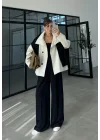 Ekose Astarlı Dik Yaka Ekru Ceket