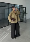 Ekose Astarlı Dik Yaka Haki Ceket