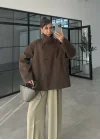 Ekose Astarlı Dik Yaka Kahve Ceket