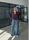 Ekose Bordo Sırtı Nakışlı Oversize Ceket