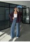 Ekose Bordo Sırtı Nakışlı Oversize Ceket