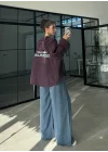 Ekose Bordo Sırtı Nakışlı Oversize Ceket