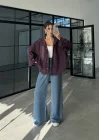 Ekose Bordo Sırtı Nakışlı Oversize Ceket