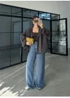 Ekose Kahve Sırtı Nakışlı Oversize Ceket