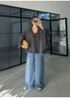 Ekose Kahve Sırtı Nakışlı Oversize Ceket