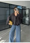 Ekose Kahve Sırtı Nakışlı Oversize Ceket