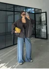 Ekose Kahve Sırtı Nakışlı Oversize Ceket