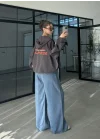Ekose Kahve Sırtı Nakışlı Oversize Ceket