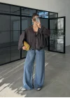 Ekose Kahve Sırtı Nakışlı Oversize Ceket