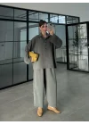 Era Oversize Çizgili Antrasit Gömlek Takım