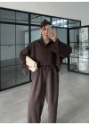 Era Oversize Çizgili Kahve Gömlek Takım